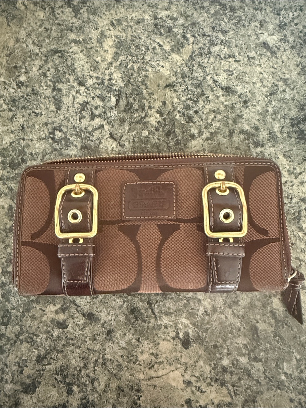 Coach Brown Signature Canvas Zip Wallet with Gold Buckle Accents